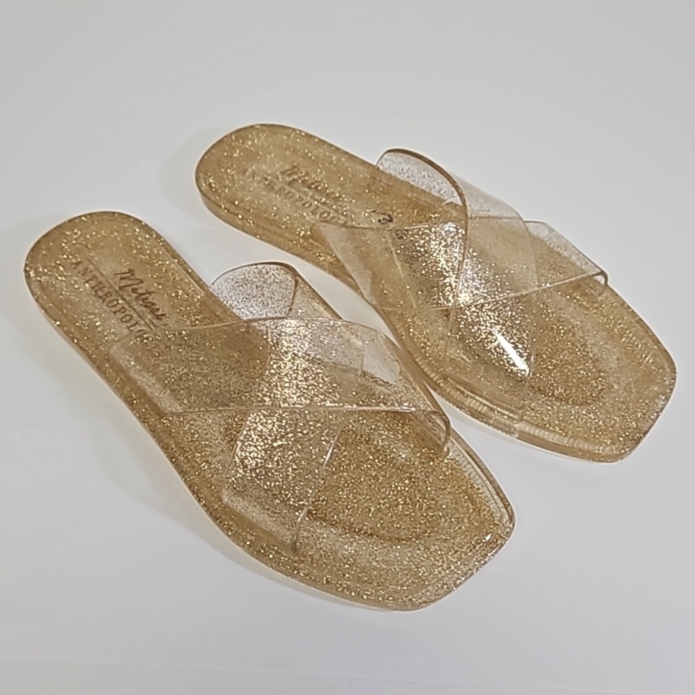 Anthropologie Mattise villa gold glitter cross strap jelly slides sandals size 9